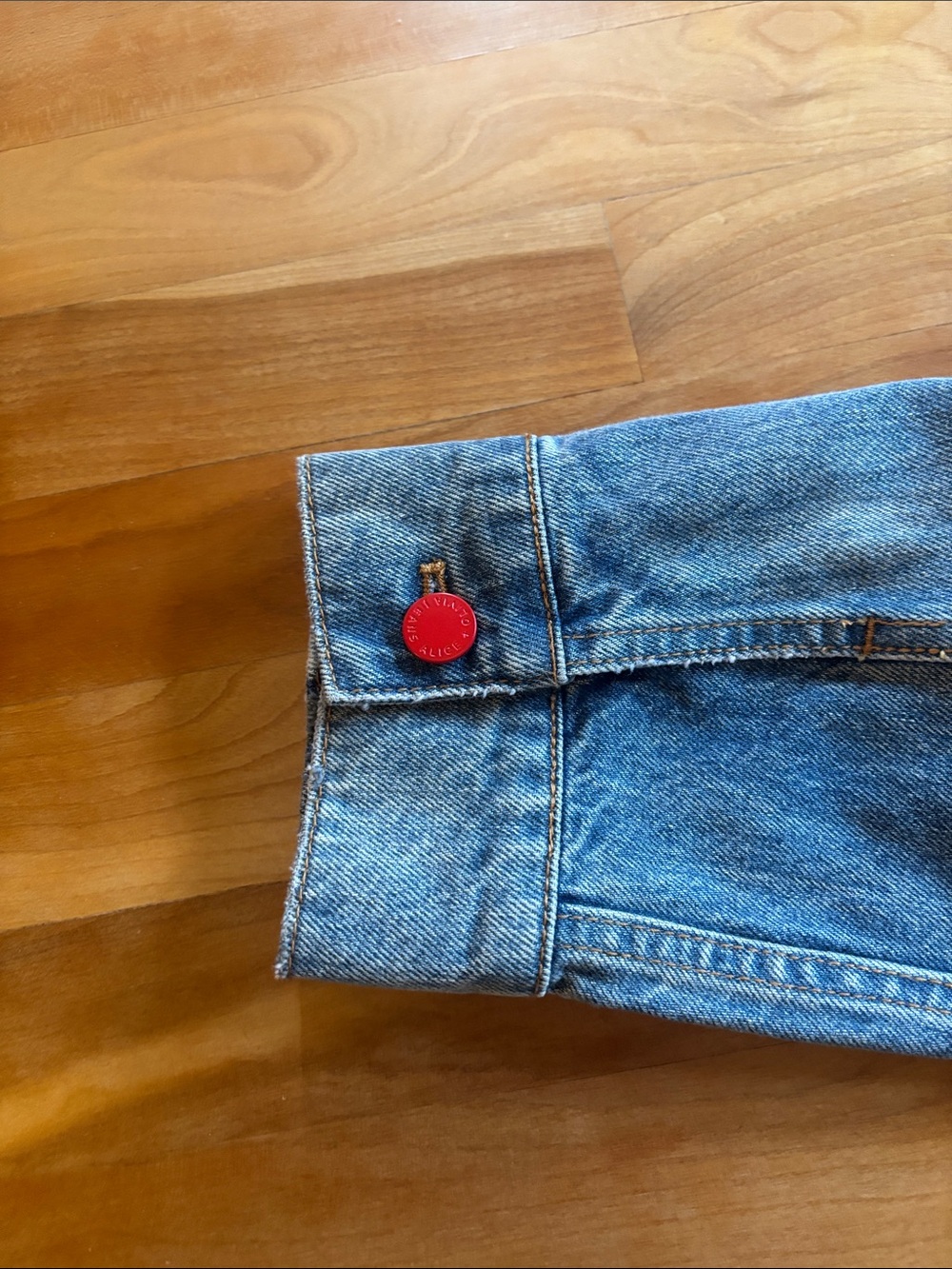 Alice + Olivia Blue Denim Jacket with Red Heart Appliqué Cutouts - Picture 10 of 10